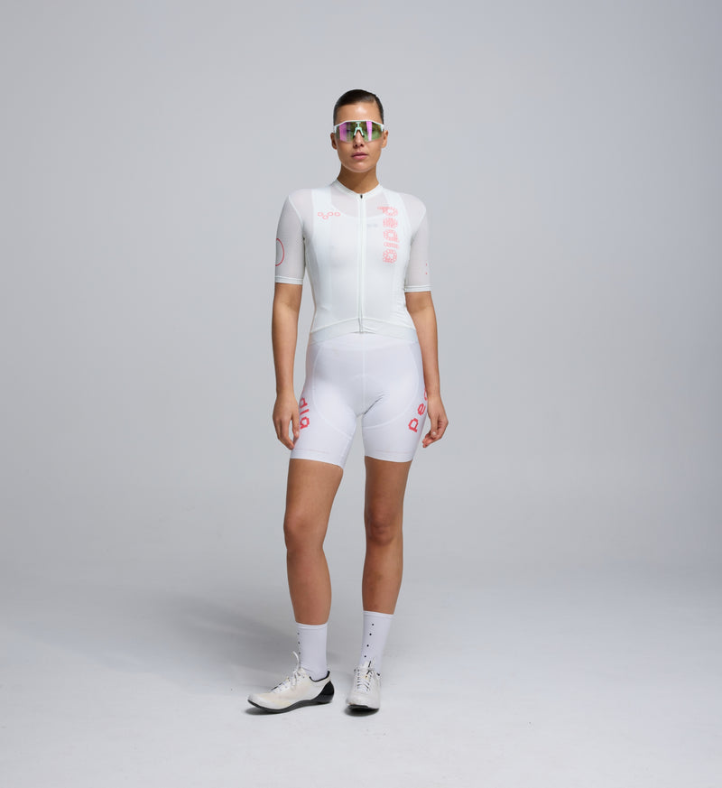 Front view of Pedla’s Women’s LunaAir Cycling Jersey in Porcelain showing sleek race-fit cut and aerodynamic design