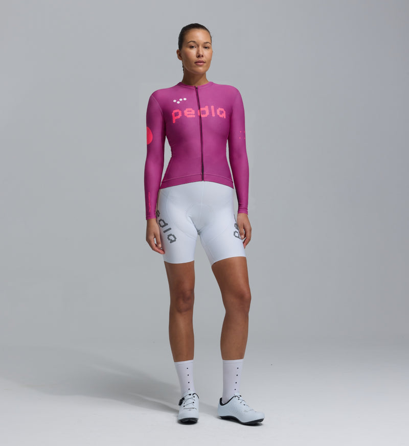 Women's violet dotted long-sleeve cycling jersey, classic form-fitting full-zip bike jersey, SPF50 breathable moisture-wicking four-way stretch, side ventilation panels, extended sleeves and silicone hem gripper, LunaLUXE-inspired