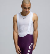 Close-up of Men’s SuperFIT 2.0 Bib Tight in Aubergine featuring high-performance fabric, advanced chamois, and detailed craftsmanship