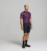 Side view of men’s aubergine cycling vest – tailored performance fit with mesh back and elasticated armholes designed for comfort and airflow on intense rides or cool descents.
