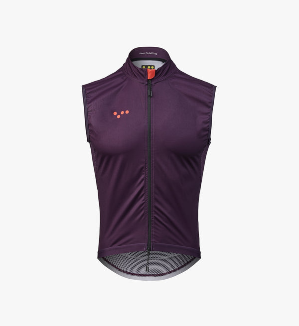 Men’s aubergine lightweight cycling gilet – windproof, water-resistant, and made from recycled materials with breathable mesh for year-round ride performance.