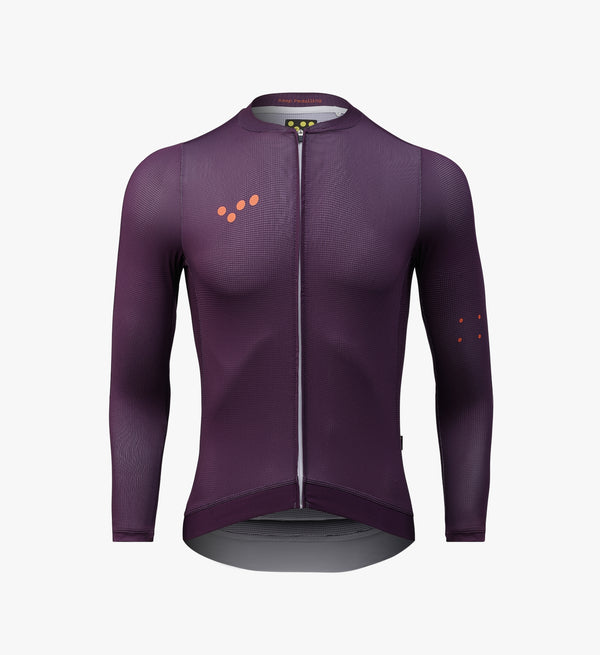 Men’s aubergine long sleeve cycling jersey – lightweight summer layer with UPF 15+ protection, moisture-wicking fabric, and breathable mesh for warm-weather riding.