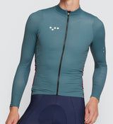 Closeup of Men's Midweight LS Jersey-Sage, Best for cold winter road cycling, form fitting with moisture wicking.