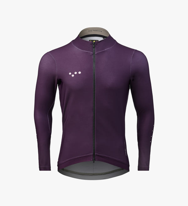 Men’s aubergine thermal long sleeve cycling jersey – soft brushed interior, breathable insulation, and technical fabric for cool to cold-weather cycling.