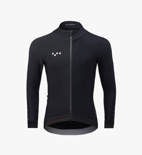Men’s black thermal long sleeve cycling jersey – soft brushed interior, breathable performance fabric, and winter-ready warmth for road and endurance riding.