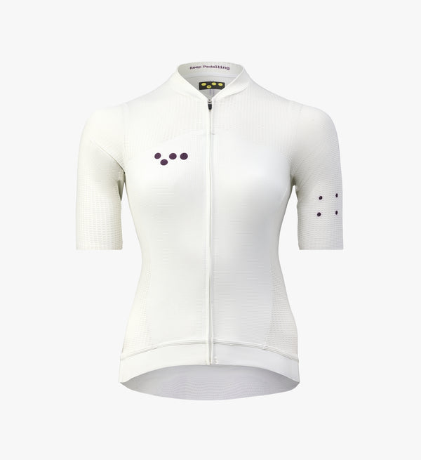 Women's porcelain short sleeve cycling jersey for summer riding – lightweight, highly breathable mesh construction with UPF 15+ sun protection, ideal for long, hot weather rides.