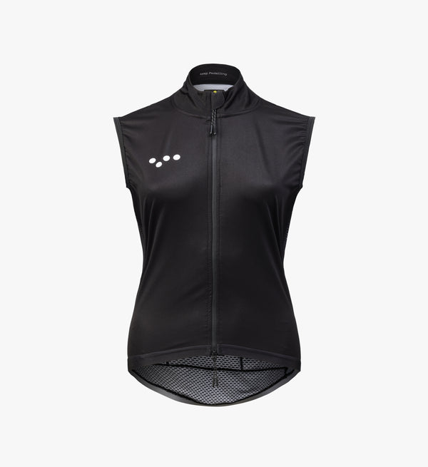 Women’s black lightweight cycling gilet – windproof, water-resistant outerwear made from breathable recycled fabric, ideal for transitional and year-round use.