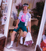 Model wearing Floral Men's Air Base Layer - Cosmos front view, emphasizing tailored men’s fit and technical mesh for enhanced moisture control