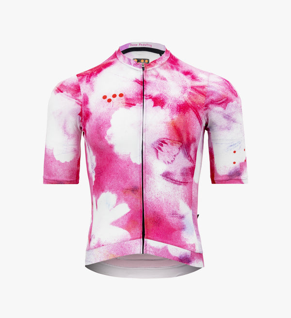 Floral Men's Classic Jersey - Cosmos in studio view, showcasing SPF 50-rated fabric and sleek, aerodynamic silhouette with extended sleeves