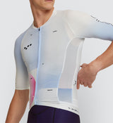 Photo of Flow State Mens Pursuit Cycling Jersey White closeup, best, bike, fit, day, road, sleeve, moisture wicking, form fitting