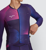 Photo of Flow State Mens Pursuit Long Sleeve Cycling Jersey Plum closeup, best, bike, fit, day, road, moisture wicking, form fitting