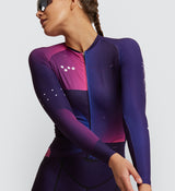 Photo of Flow State Womens Pursuit Long Sleeve Cycling Jersey Plum closeup, best, bike, fit, day, road, moisture wicking, form fitting