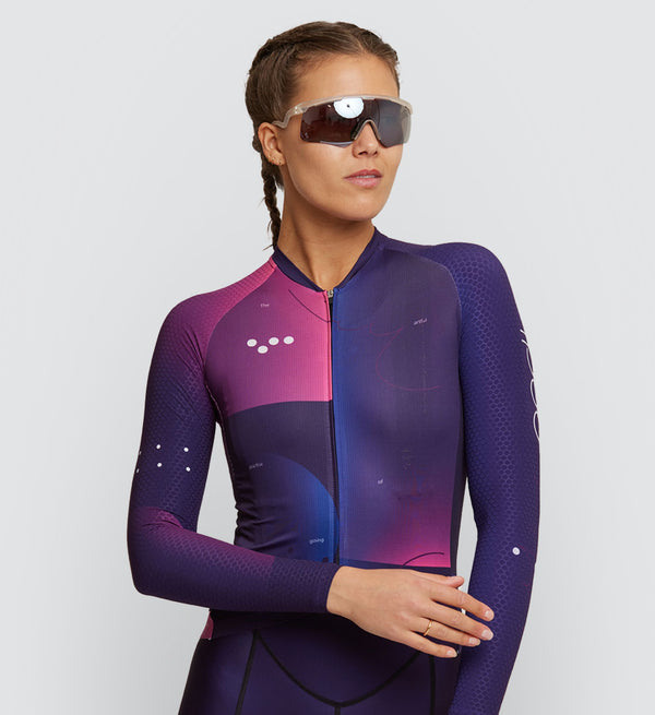 Photo of Flow State Womens Pursuit Long Sleeve Cycling Jersey Plum front, best, bike, fit, day, road, moisture wicking, form fitting