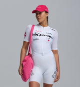 Pedla Frequencies unisex peached cotton twill cap in pink — unstructured 6-panel baseball-style cycling cap with curved visor, adjustable buckle and embroidered Keep Pedalling & Pedla logos