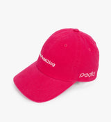 Pedla unisex peached cotton twill cap — vibrant pink unstructured 6-panel baseball-style hat with curved visor, adjustable buckle closure and white embroidered “Keep Pedalling” and Pedla logos, casual off-bike cotton cycling cap