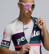 Close-up of Multi jersey fabric – moisture-wicking, four-way stretch with SPF 50-rated protection and bold aesthetic