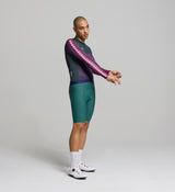 HoundsKNIT Long Sleeve Cycling Jersey with a low-cut collar, ergonomic design, silicone gripper hem, temperature-regulating fabric, optimized for endurance rides.