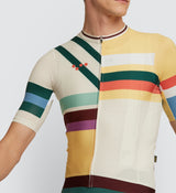 Closeup of Heritage Men's Classic Jersey - Multi Stripe, best fit for hot weather cycling, all season moisture wicking fabric.