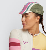 Closeup of Heritage Cap in Almond Stripe on model, perfect for café stops en route.