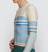 Closeup of Heritage Men's Classic LS Jersey in almond stripe, best fit bike jersey for all season cycling. Moisture wicking.