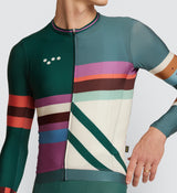 Closeup of Heritage Men's Classic LS Jersey-Multi Stripe, an optimal fit cycling jersey for hot weather rides.