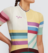 Closeup of Heritage Women's Classic Jersey in Multi Stripe, perfect fit for summer cycling, moisture wicking and form fitting.