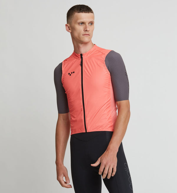 Pro Men's Pursuit Cycling Gilet Vest - Coral, Best Pink Gilet, 20k wind-proof, water-proof, race-fit, reflective accents, 3x rear pockets