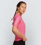 Side view of Women's Pursuit Air Cycling Jersey in Pink, displaying aerodynamic sleeves with silicone grippers