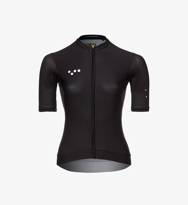 Core Women's Classic Cycling Jersey - Black, improved fit, breathable fabric, SPF 50, quick drying, four-way stretch, silicone gripper bands