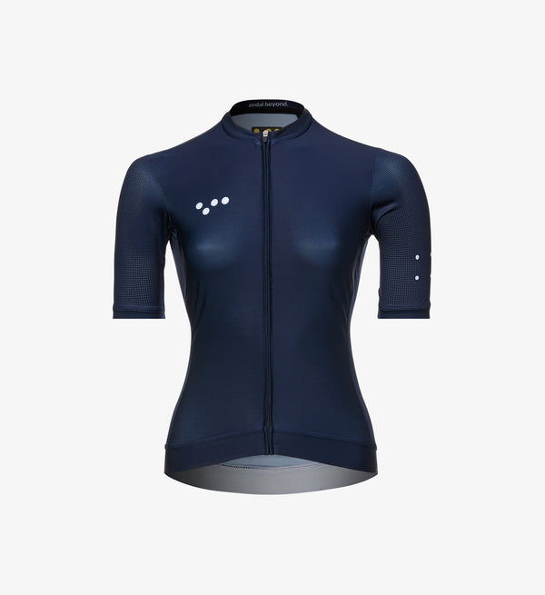 Core Women's Classic Cycling Jersey - Navy, improved fit, breathable fabric, SPF 50, quick drying, four-way stretch, silicone gripper bands