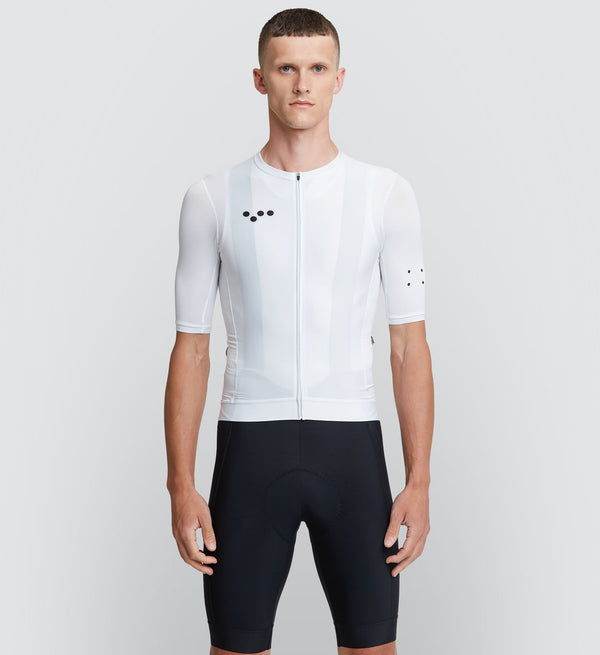 Core Men's Classic Cycling Jersey - White, LunaLUXE fit, SPF 50 fabric, quick-drying, four-way stretch, silicone gripper bands.