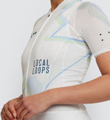 Photo of Local Loops Womens Air Cycling Jersey White Sky closeup, best, bike, fit, day, road, sleeve, moisture wicking, form fitting
