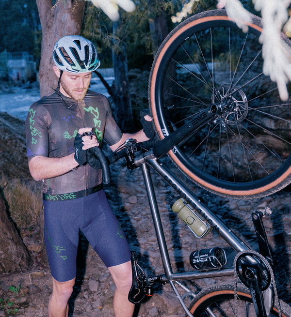 Model wearing Men's Training Bib Short in Dusk – clean front view showcasing performance fit