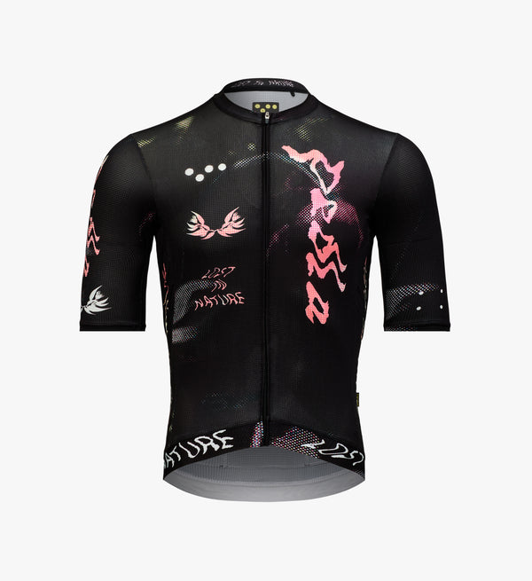 Studio product image of the Lost in Nature Men’s Training Jersey – Wild Forest, showcasing bold nature-inspired print and aero fit.