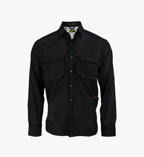 Black Off Grid Cargo Shirt isolated on white background showcasing lightweight, breathable design perfect for cycling adventures and casual wear.