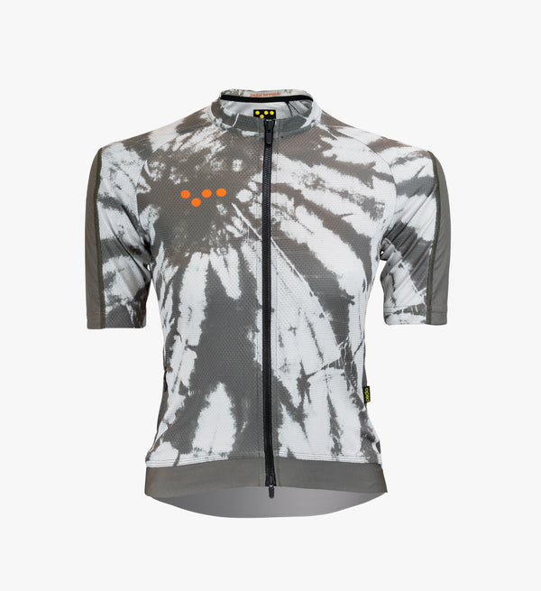 Mono Tie Dye Off Grid Women's Gravel Cycling Jersey on display, featuring high-performance Italian knit for exceptional moisture control and breathability.