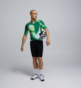 Front-facing image of a male cyclist wearing the Men's Pursuit 2.0 Cycling Jersey – AirFoils Green, highlighting its aerodynamic silhouette, lightweight fabric, and modern race styling.
