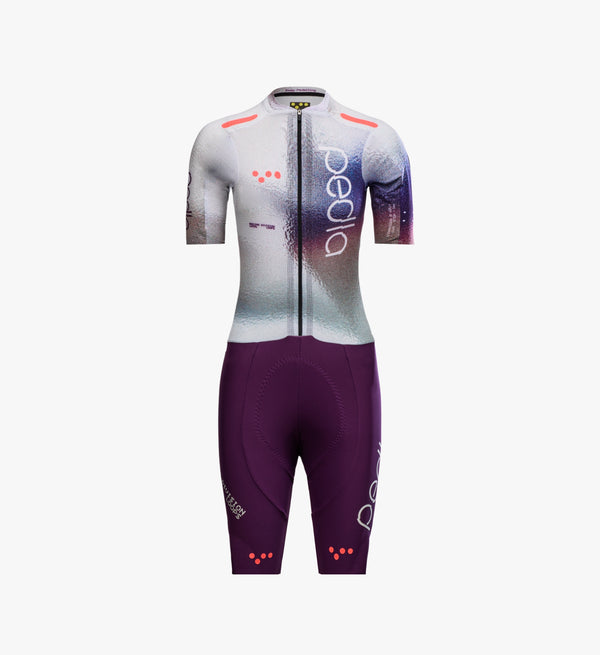 Product-only view of the Women's Pro Pursuit Crit Suit in AirFoils White, designed for elite cyclists seeking aerodynamic speed and lightweight comfort on race day.