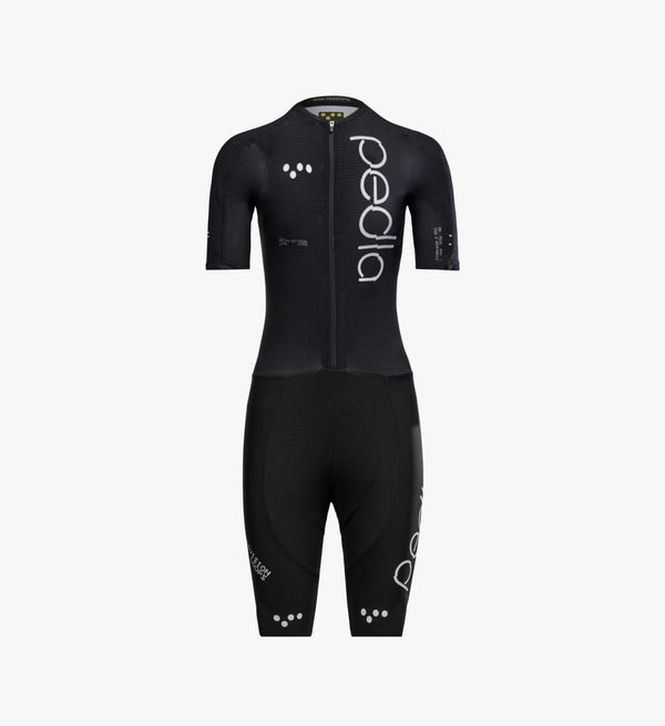 Front-facing product image of the Pedla Women's Pro Pursuit Crit Suit in black, showcasing its aerodynamic race-fit design, bonded cuffs, and premium woven fabric for high-performance cycling.