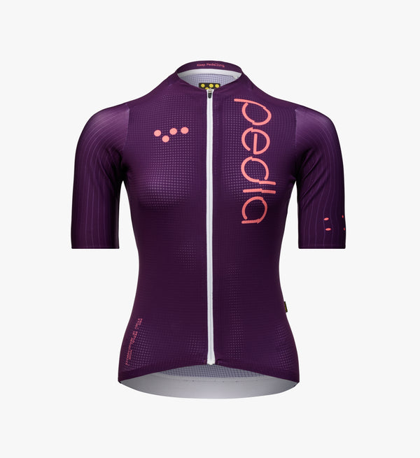 Isolated product image of the Women's Pursuit AIR Jersey in Plum, featuring ultralight woven fabric, aero sleeve construction, and a race-optimised fit for hot conditions.