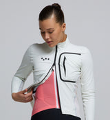 Close-up detail of the waterproof SAB® zipper and Italian 3-layer laminate on the Women's Deflect 2.0 Jacket, illustrating its breathable weather-sealed construction and refined stitching.