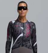 Pro Pursuit 3.0 women's black long-sleeve aero cycling jersey — race-fit, Italian performance fabric, breathable underarm mesh, low-profile aero cuffs, 3 rear pockets, reflective accents