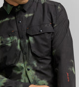 Close-up of technical perforated fabric and chest pockets – ON_OFF Grid Cargo Shirt built for airflow, comfort, and durability