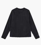 A black long-sleeve mi-layer top with a textured, ribbed knit fabric, shown flat against a light gray background.