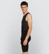 Side view of Pro Men's SuperFit Air Bib Shorts in Black on model, highlighting the ergonomic fit, lightweight design, and perforated back panel that enhances breathability for long, hard efforts under the sun.