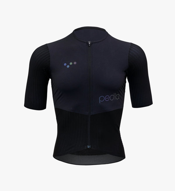 Pro Men's Velocity Cycling Jersey in Black, featuring next-to-skin stretch-woven fabric with aerodynamic channels on the sleeves for reduced drag and maximised speed during road cycling.