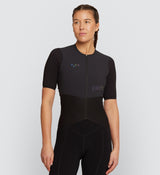 Front view of model wearing Pro Women's Velocity Cycling Jersey in Black, showcasing a race-ready anatomical fit, aerodynamic fabric, and YKK auto-lock zipper for enhanced performance and comfort during intense cycling sessions.