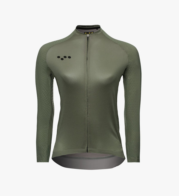Pro Women's Pursuit LS Cycling Jersey - Khaki. Made in Melbourne. High-end Italian fabrics. AeroPRISMA sleeves. Race-ready fit. Reflective accents.