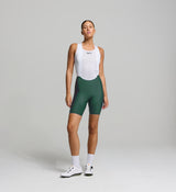 Front view of female cyclist wearing Pine SuperFIT 2.0 Bib Shorts – showcasing supportive brace system and Italian fabric finish