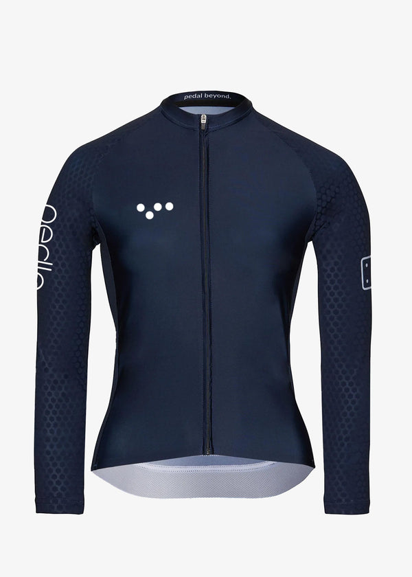 BOLD Women's LunaHEX L/S Cycling Jersey - Navy: Lightweight, aerodynamic comfort for fast rides.
